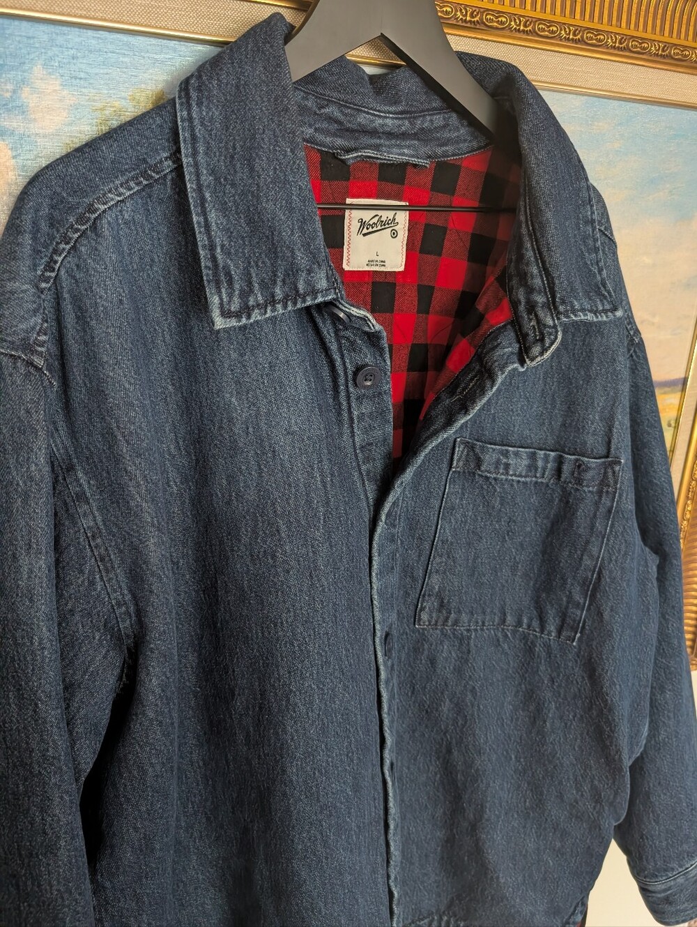Woolrich X Target Blue Denim Jacket with Red Buffalo Plaid Lining